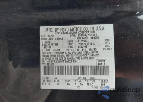 2001 Mazda B3000 Ds/Se from USA, damaged, VIN 4F4YR12U81TM21454